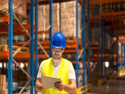 man working on tablet in warehouse