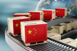 Chinese crates on Conveyor belt coming from the globe (China)