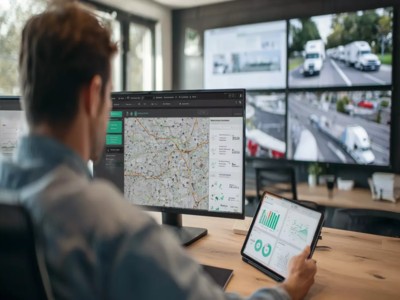Man looking at computer and tablet
