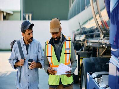two workers looking at document