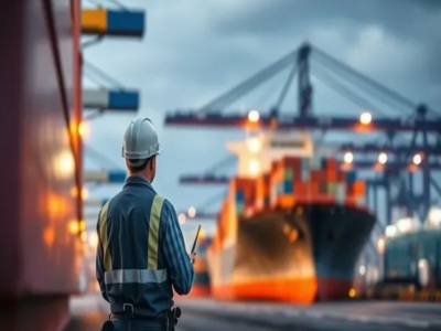 worker looking at cargo ship