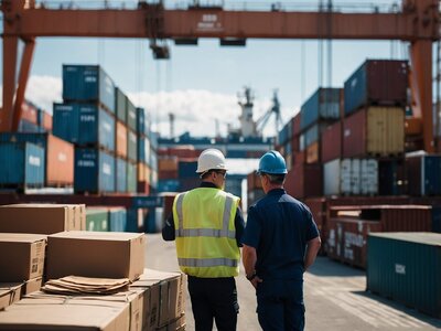 workers surrounded by containers